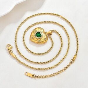 New! Gold Heart Necklace with Green Crystal